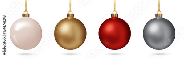 Fototapeta Christmas balls set isolated. Shiny glossy metallic 3D baubles in white, gold, red, and silver paint. Christmas and Happy New Year Holiday hanging decoration PNG