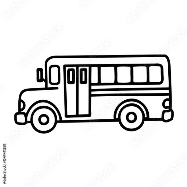 Fototapeta A simple line drawing of a school bus. The bus has large windows and two doors. It is depicted in a side view, emphasizing its classic shape.