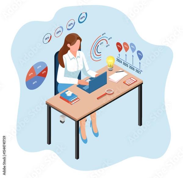 Fototapeta Business online education concept with woman effectively utilizing a laptop for her studies, complemented by diverse tables and charts.  Isometric flat illustration design.
