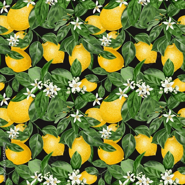 Obraz  Seamless pattern with lemons. Citrus flowers on a branch with leaves and fruits. Vintage summer pattern for fabric. Small white flowers. Watercolor illustration on a dark background. Hand drawn.