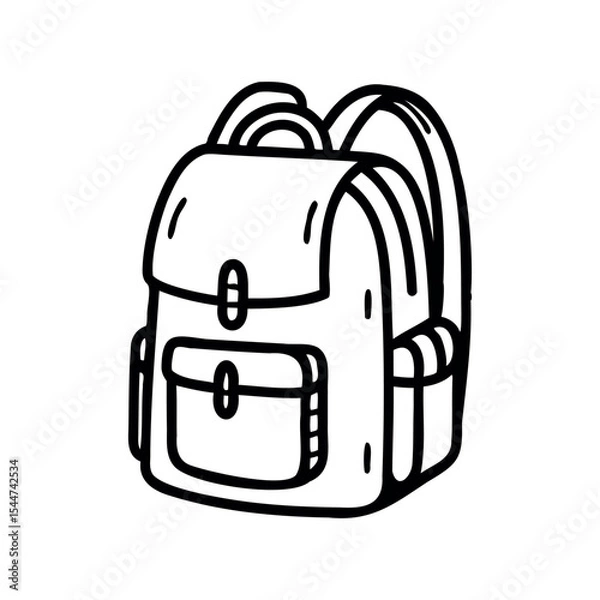 Obraz A simple line drawing of a backpack with a front pocket and two side pockets. The design is minimalistic and suitable for various uses.