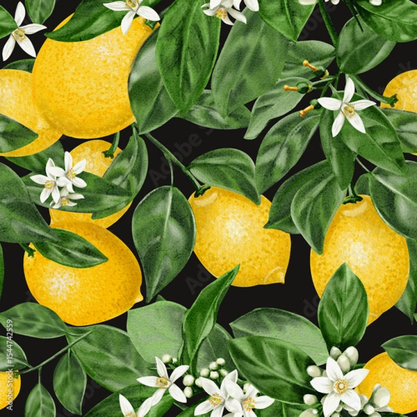 Obraz  Seamless pattern with lemons. Citrus flowers on a branch with leaves and fruits. Vintage summer pattern for fabric. Small white flowers. Watercolor illustration on a dark background. Hand drawn.