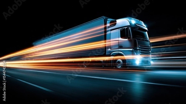 Fototapeta A futuristic truck speeding on a dark highway with vibrant light trails symbolizing high-speed transport and advanced technology.