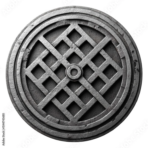 Fototapeta Round metal manhole cover with intricate design and texture, isolated on transparent background