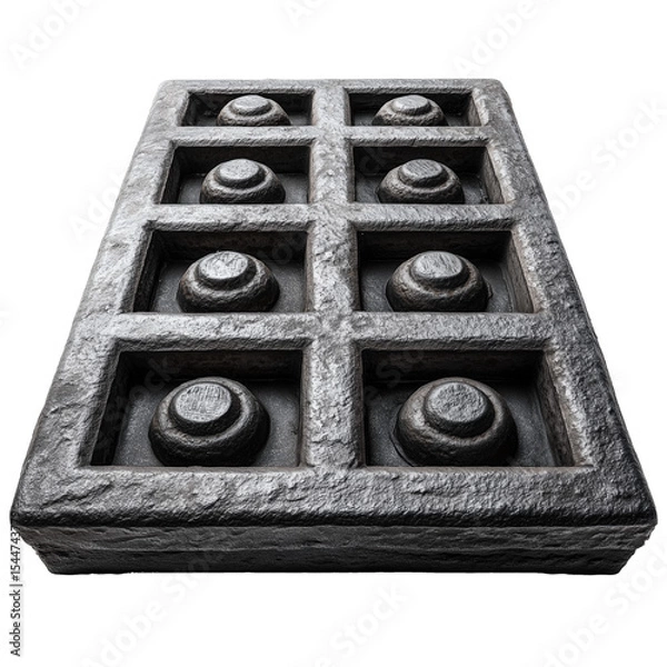 Fototapeta Iron manhole cover with raised circular details in rectangular shape, isolated on transparent background