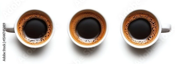 Fototapeta Three coffee cups with dark liquid and bubbles on a white background.