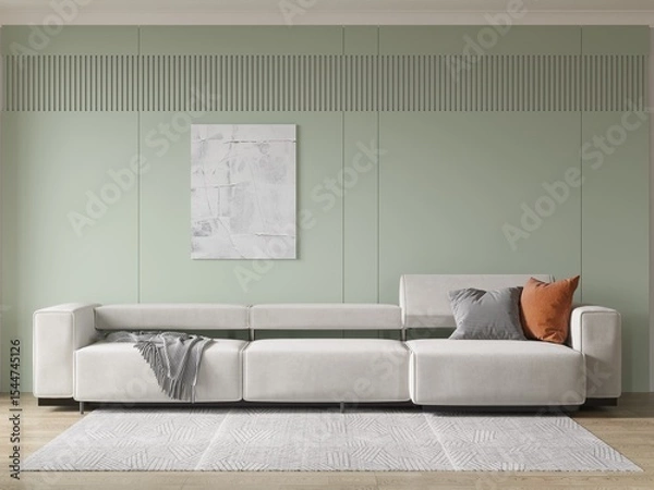 Fototapeta Mock up of an elegant living room with a light comfortable sofa and a trendy decorative background, 3D rendering.