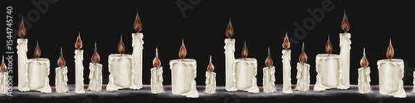 Obraz  Seamless border of gothic candles. White candles long and short burn. Wax melts. Candles stand on thematic surface. Watercolor illustration on dark background. Hand drawing.