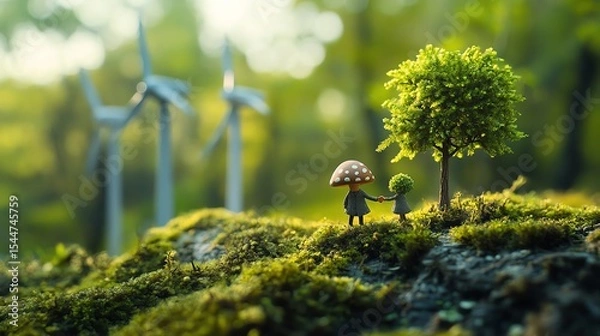Fototapeta A whimsical figure interacts with nature near wind turbines.