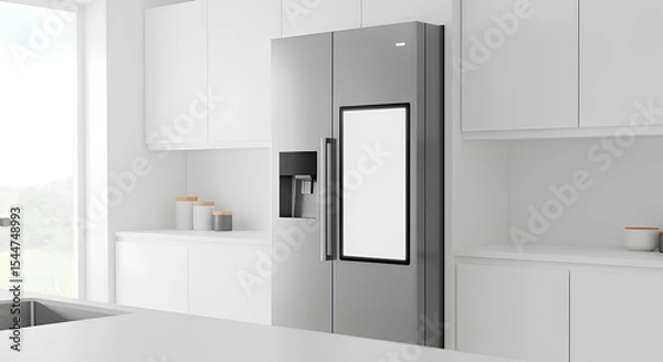Obraz Blank smart fridge screen interface isolated, 3d rendering, Isolated kitchen tech, smart home branding, appliance UI template.
