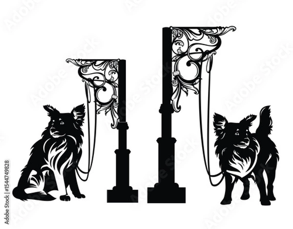 Obraz elegant wrought iron post to tie the pet outside the shop - dog parking lot luxurious black and white vector design set