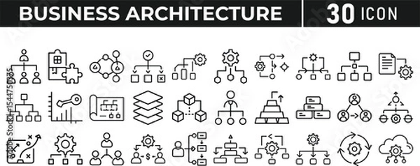 Fototapeta Set of 30 outline icons related to business architecture, line icon bundle