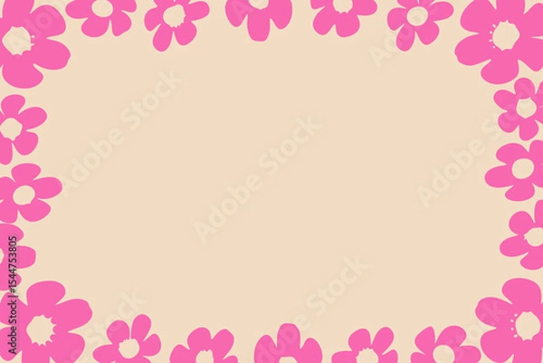Obraz Pink floral border vector illustration with playful flower frame on beige background, place for a text