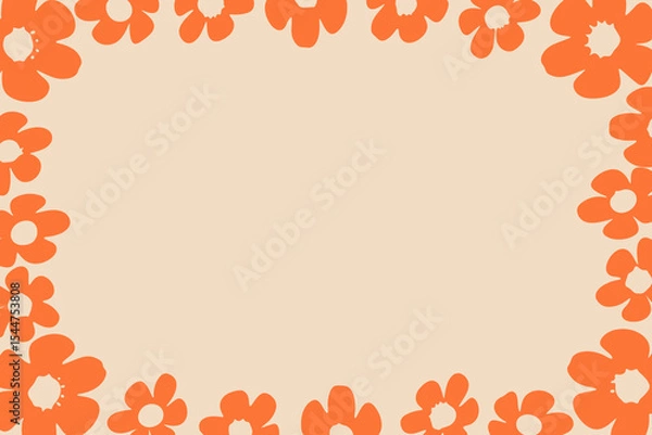 Obraz Orange floral border vector illustration with bold flower shapes on pastel beige background, place for a text