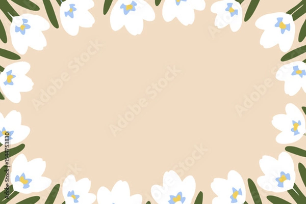 Obraz White crocus flower border vector illustration with green leaves and beige background, place for a text
