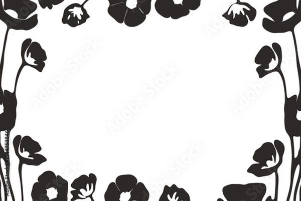 Obraz Black poppy flower border vector illustration with silhouette floral frame on white background, place for a text
