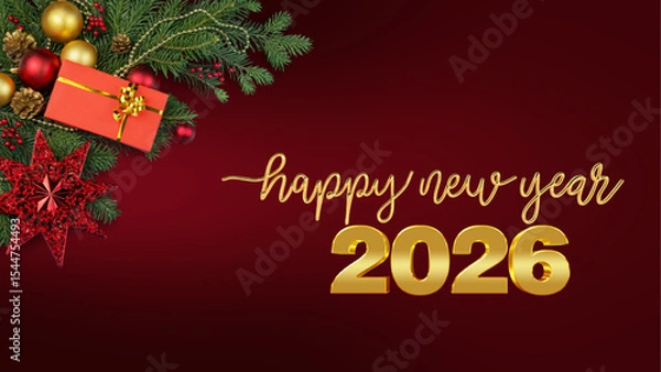 Obraz merry christmas 2026 new year, happy new year, 2026 happy new year with luxury gold numbers and Merry Christmas, We Wish You a Happy New Year 2026 Stunning And Very Beautiful Design.