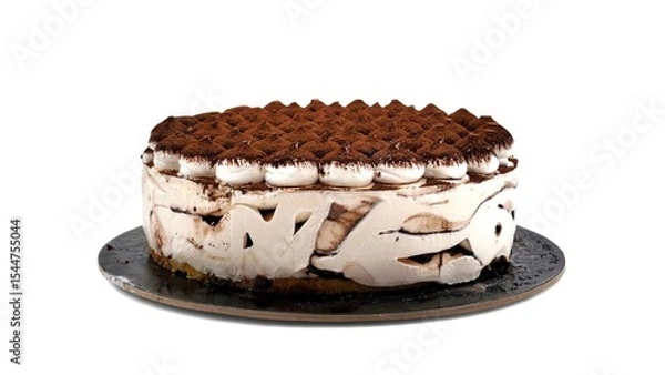 Fototapeta Closeup view of a delicious Tiramisu ice cream cake featuring a cocoa powder topping, rich espresso-infused layers, and creamy mascarpone swirls, isolated on a white background.