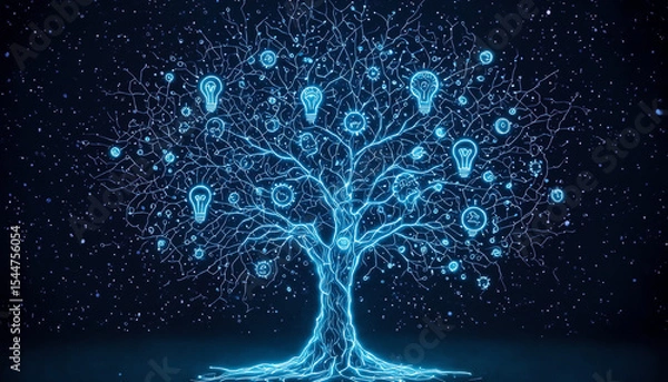 Obraz Neon Circuit Tree with Holographic Icons, Digital Innovation Concept