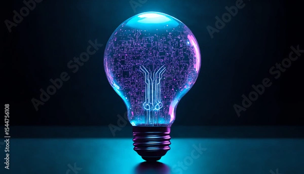 Obraz Futuristic Neon Lightbulb with Holographic Tech and Digital Circuits