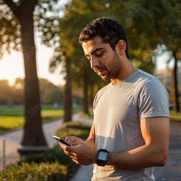 Fototapeta A young Middle Eastern man wearing a smartwatch checking his fitness stats after a morning run in a city park. The background includes modern buildings, trees, and other joggers. The lighting is soft 