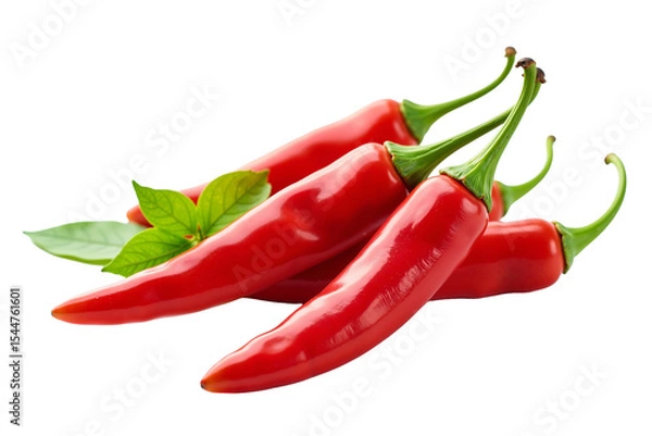 Fototapeta A close-up of glossy red chili peppers with vibrant green leaves on a transparent background.