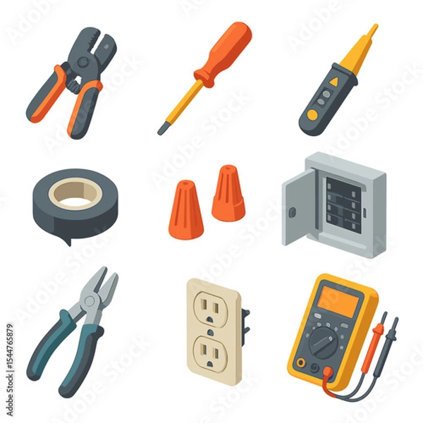 Fototapeta Electrical Tools Icons. Isometric Flat icon set of electrical repairs: wire stripper, insulated screwdriver, voltage tester,