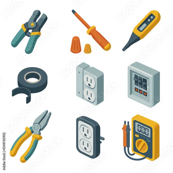 Fototapeta Electrical Tools Icons. Isometric Flat icon set of electrical repairs: wire stripper, insulated screwdriver, voltage tester,