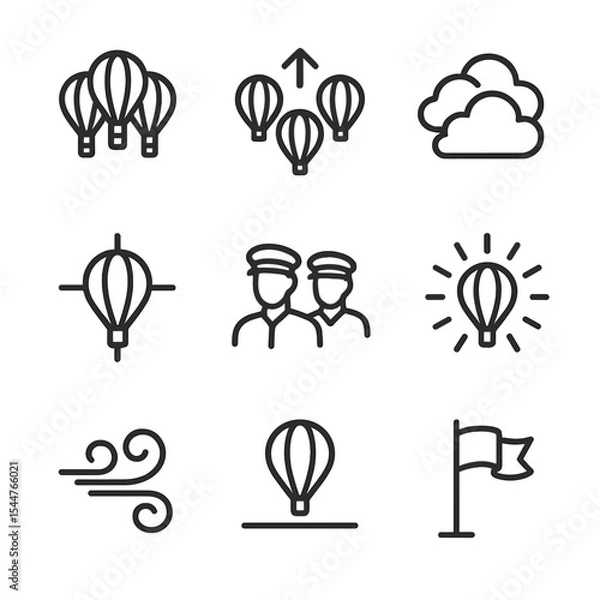 Fototapeta Balloon Icon Grid. Outline icon set of multi-balloon formation: trio of balloons, formation arrow, cloud cluster, symmetry lines,