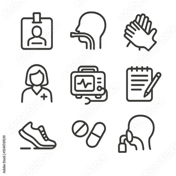 Obraz Code Blue Team Roles. Outline icon set of code blue team roles: team leader badge, airway physician, compressor hands, medication