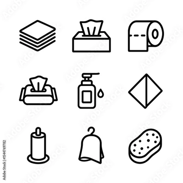 Fototapeta Hygiene Icons Set. Outline icon set of related hygiene products: napkin stack, facial tissue box, toilet paper roll, wet wipe