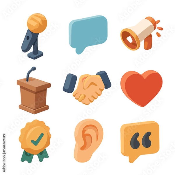 Fototapeta Inspirational Communication Icons. Isometric Flat icon set of inspirational communication: microphone, speech bubble, megaphone,