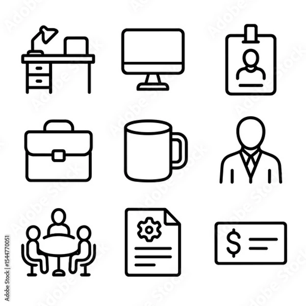 Fototapeta Internship Icons Set. Outline icon set of international internship placements: office desk, computer monitor, ID badge, briefcase,