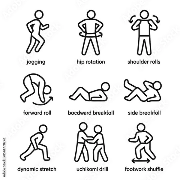 Fototapeta Judo Exercise Icons. Outline icon set of judo warm-up exercises: jogging in place, hip rotation, shoulder rolls, forward roll,