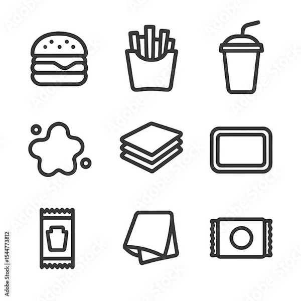 Fototapeta Fast Food Icons. Outline icon set of fast food hand grease: burger, french fries, soda cup, grease stain, napkin stack, tray liner