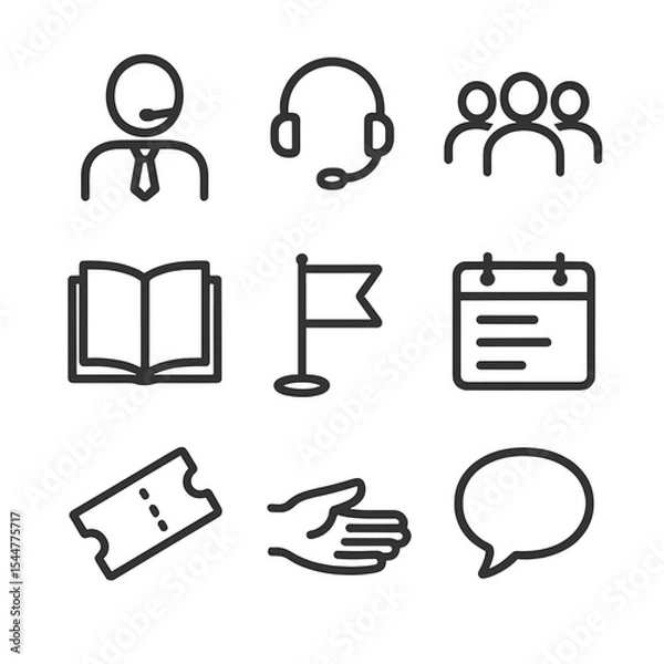 Fototapeta Guided Tour Icons. Outline icon set of guided tour elements: tour guide figure, headset microphone, group silhouette, guidebook,