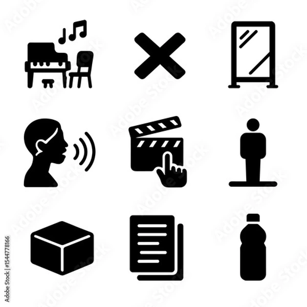 Fototapeta Performance Prep Icons. Solid, filled icons set of rehearsal and performance prep: rehearsal room, mark on
