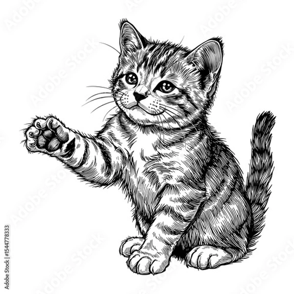 Fototapeta An adorable kitten greets the viewer. A detailed black and white illustration showcases the cuteness and charm. vector illustration