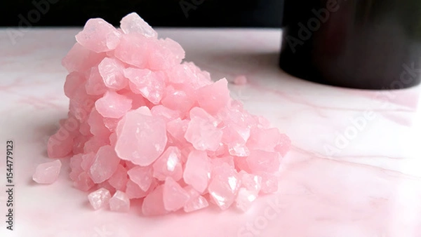 Fototapeta Crushed rose quartz crystals on pink marble texture, wellness background for spa websites or crystal healing Instagram posts