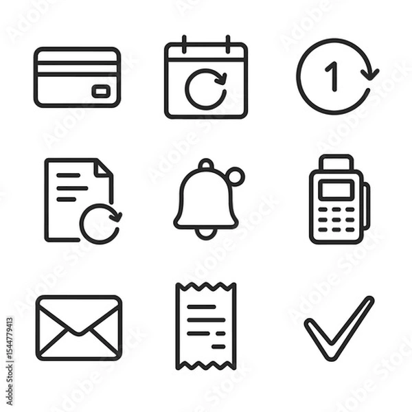 Obraz Subscription Icon Set. Outline icon set of subscription renewals: credit card, renewal calendar, circular arrow, invoice document,