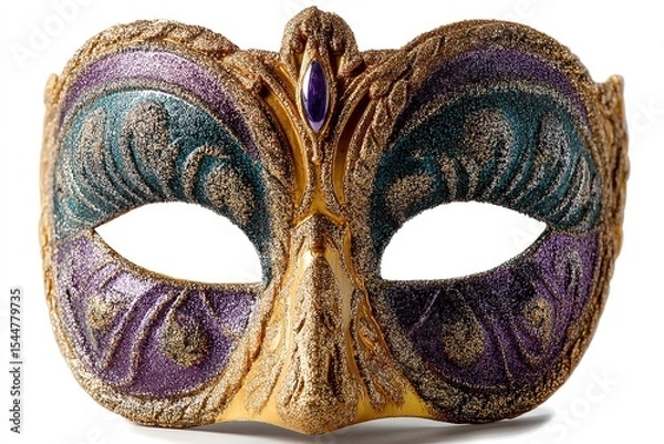 Obraz A glittering Mardi gras mask in shades of gold, purple, and green, set against a white backdrop. Generative Ai