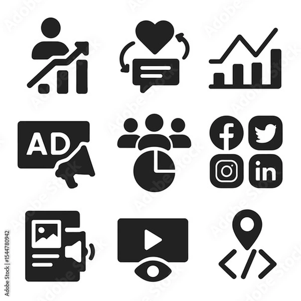Fototapeta Social Media Analytics Icons. Solid, filled icons set of social media analytics and ROI: follower growth,