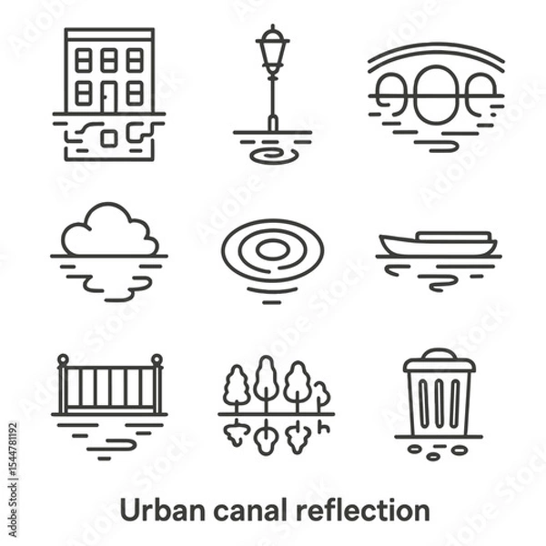 Fototapeta Urban Canal Icons. Outline icon set of urban canal reflections: building facade, lamppost, bridge arch, cloud reflection, water