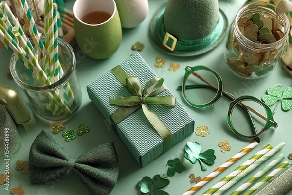 Obraz Green ribbon-adorned gift box, This is a top view of the green party glasses with hat decorations for St. Patrick's Day. Generative Ai