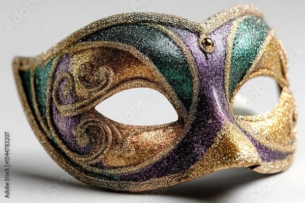 Obraz A glittering Mardi gras mask in shades of gold, purple, and green, set against a white backdrop. Generative Ai