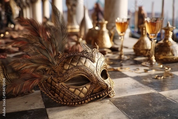 Obraz Celebrate Venice Carnival with a golden carnival mask embellished with colorful feathers on a charming Venetian setting. Generative Ai