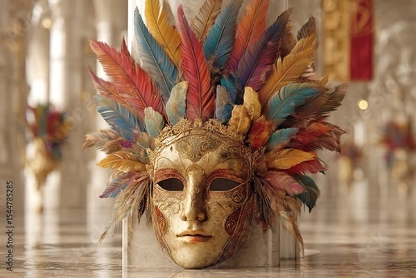 Obraz Celebrate Venice Carnival with a golden carnival mask embellished with colorful feathers on a charming Venetian setting. Generative Ai