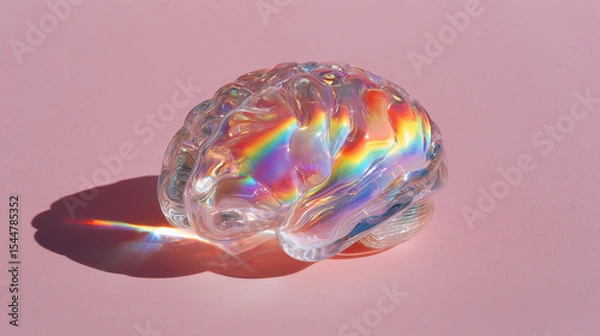 Fototapeta crystal transparent brain, with refracted rainbow light isolated on plain pink studio background	
