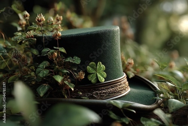 Obraz Close-up of a green leprechaun's top hat with a clover leaf in the middle against a backdrop of a magical green forest. Generative Ai