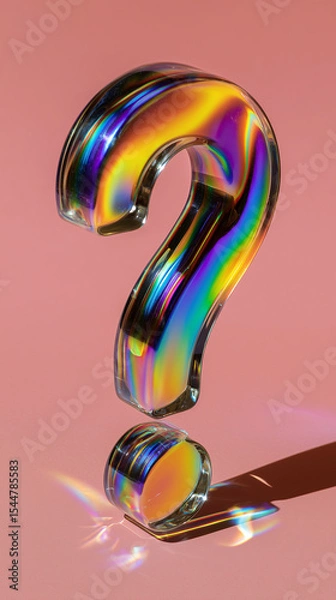 Fototapeta crystal ? question mark faq, with refracted rainbow light isolated on plain pink studio background	